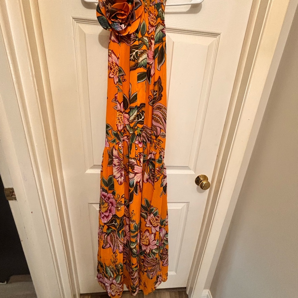 FARM Rio Orange Floral Maxi Dress with Pink and Green Accents